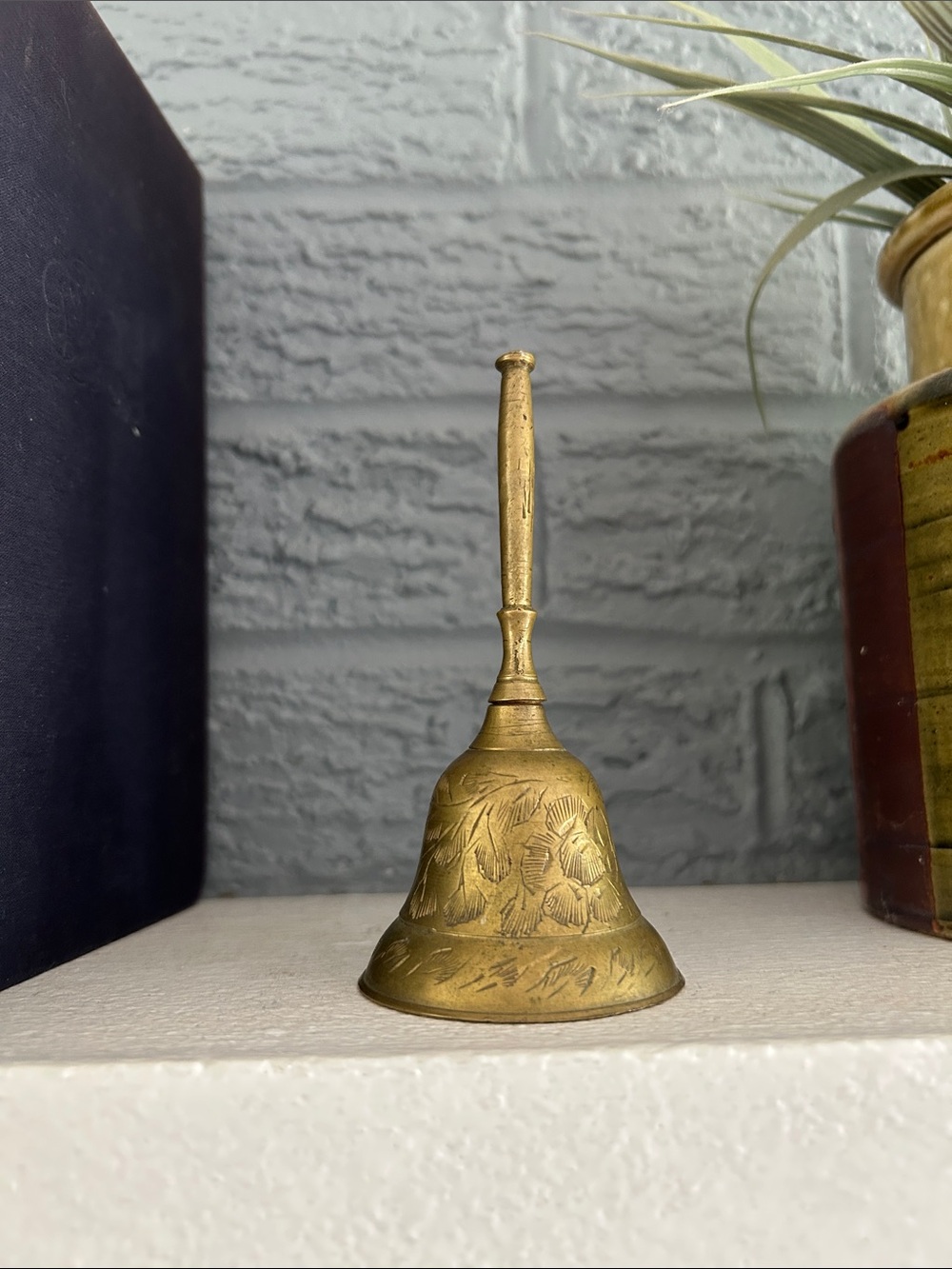 Vintage Engraved Solid Brass Hand Bell - Floral Motif